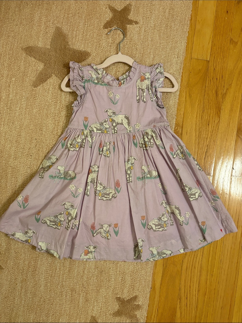 Pink Chicken Lavender Lamb Print Ruffle Sleeve Dress